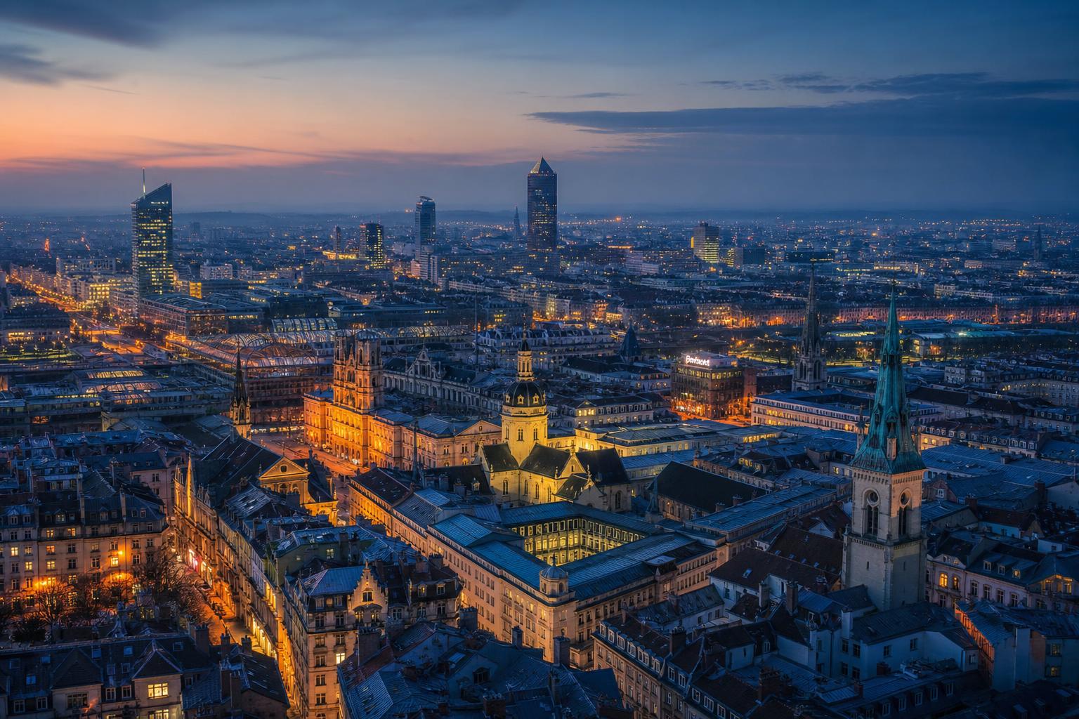 European cityscape at dusk, aerial view